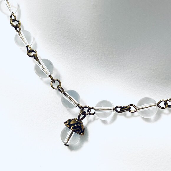 Genuine Clear Quartz Short Necklace, Bronze Acorn Pendant + Natural Gemstone - Picture 1 of 15
